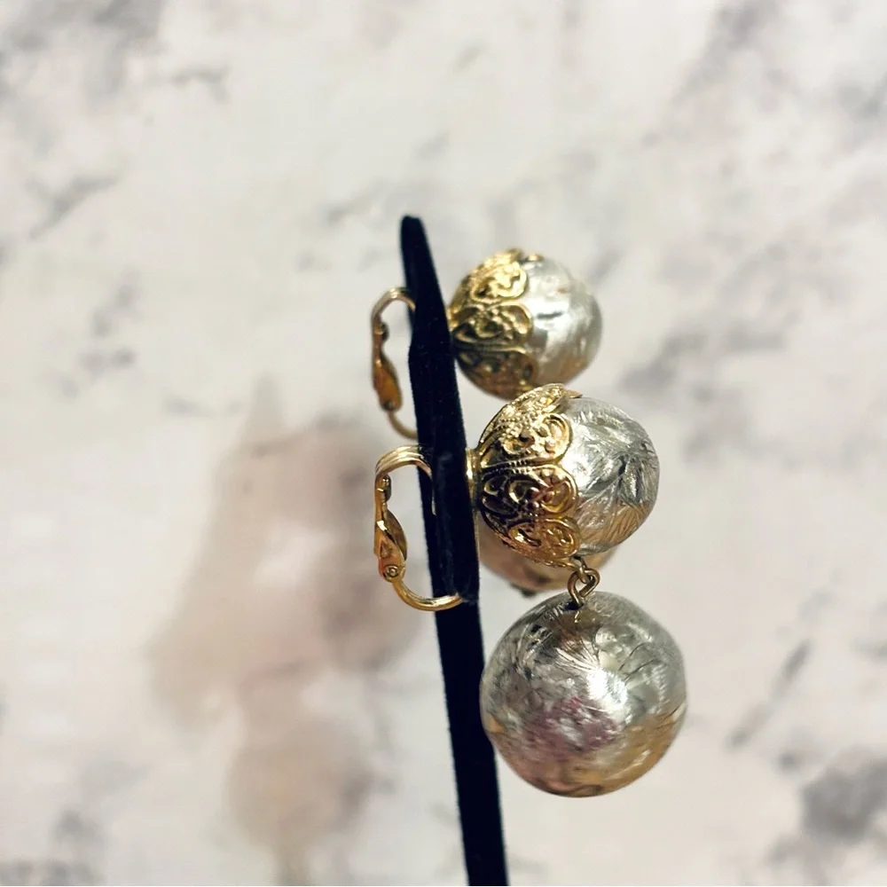 Vintage Silver and Gold Tone Ball Drop Clip-On Earrings - Picture 3 of 8